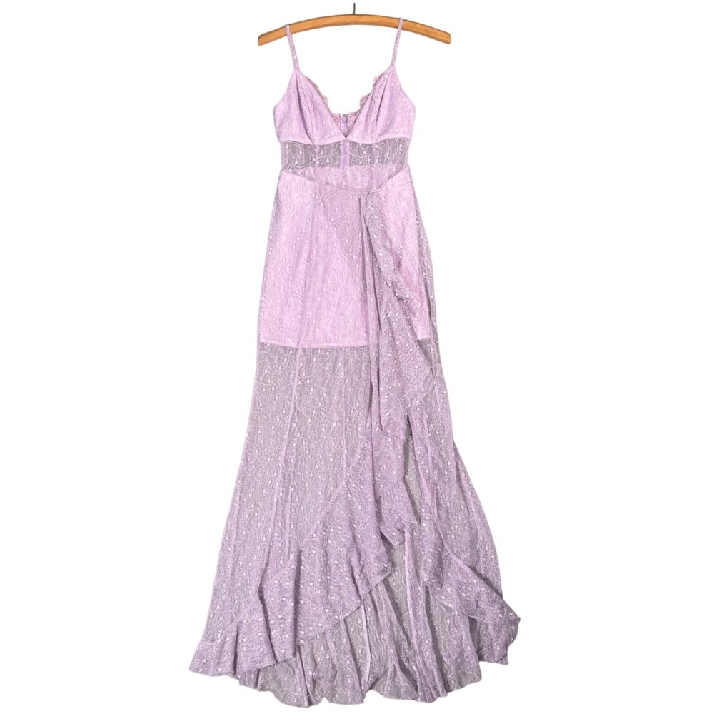 NBD Sinatra Lace Gown in Lilac Size XXS Maxi Dress Spaghetti Straps Ruffle Slit